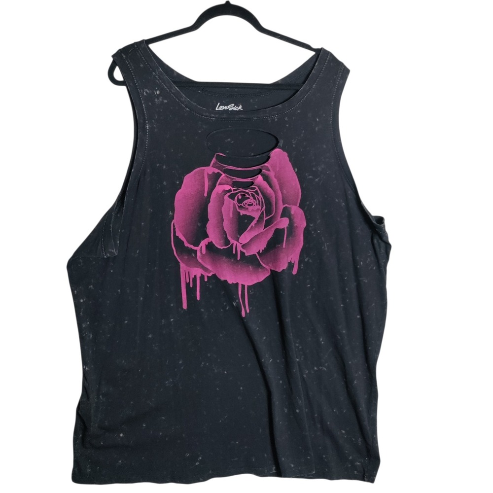 LoveSick Women Plus Size 4 Black Acid Wash Pink Dripping Rose Cutout Tank Top